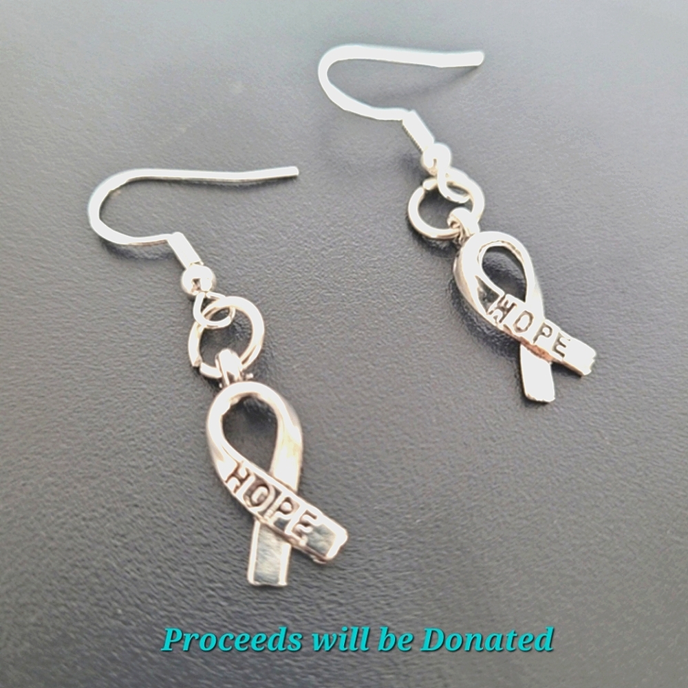 FUNDRAISER Hand Made Earrings And Bracelets With Silver HOPE cancer ribbon